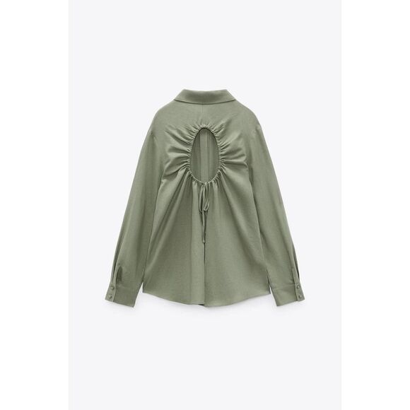 Zara EUC Linen Opeb Back Button Down Shirt Size M Khaki Green - Picture 7 of 12